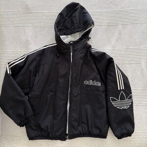 Vintage Adidas Black Hooded Windbreaker Jacket with White Accents